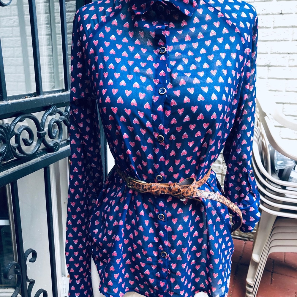 Sheer Navy With Red Heart Button Up Top - image 3